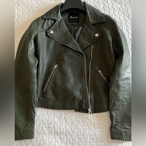 Madewell Washed Leather Motorcycle Jacket in Dark Forest - S